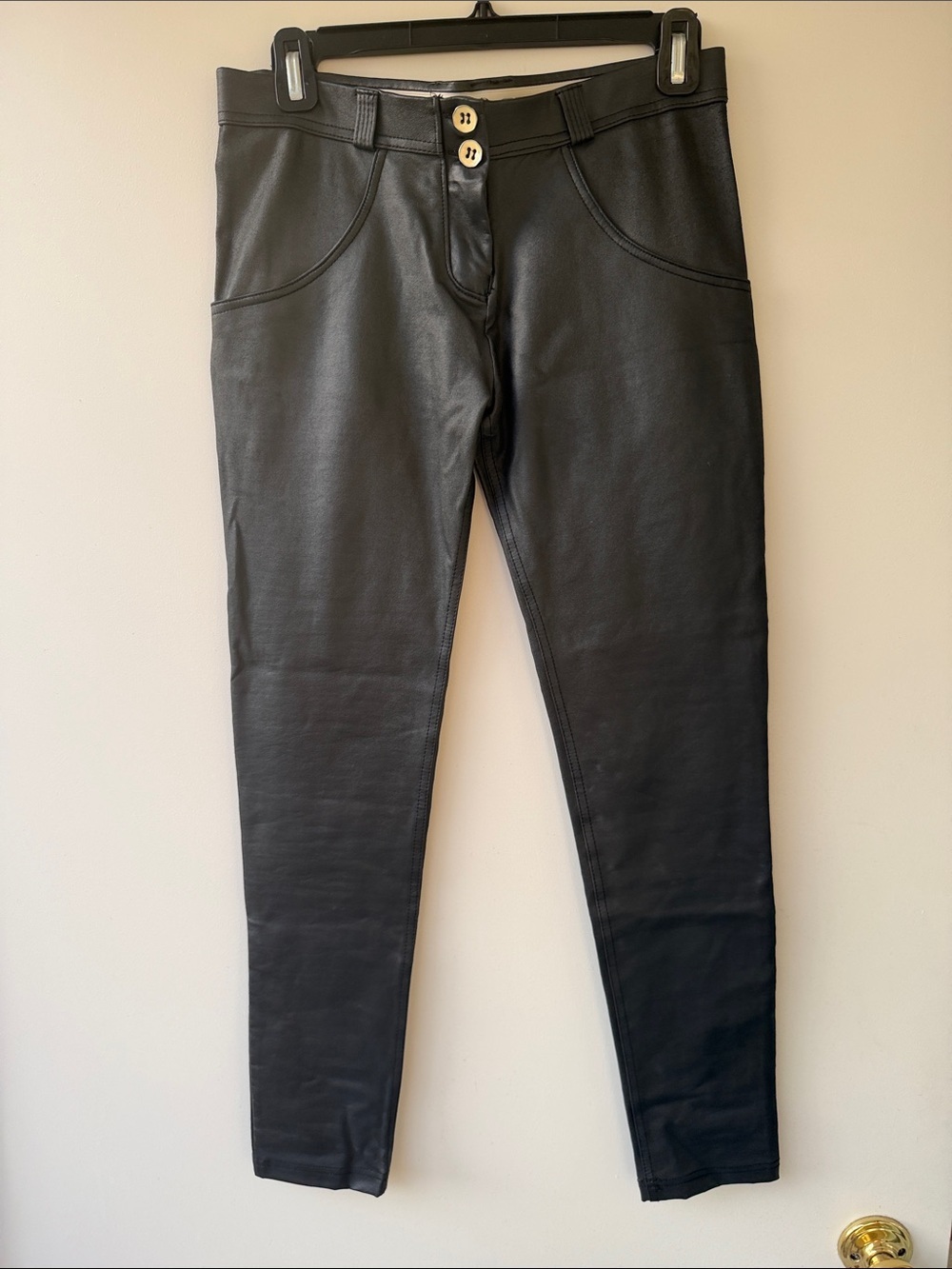Freddy Black Faux Leather Skinny Pants with Gold Buttons